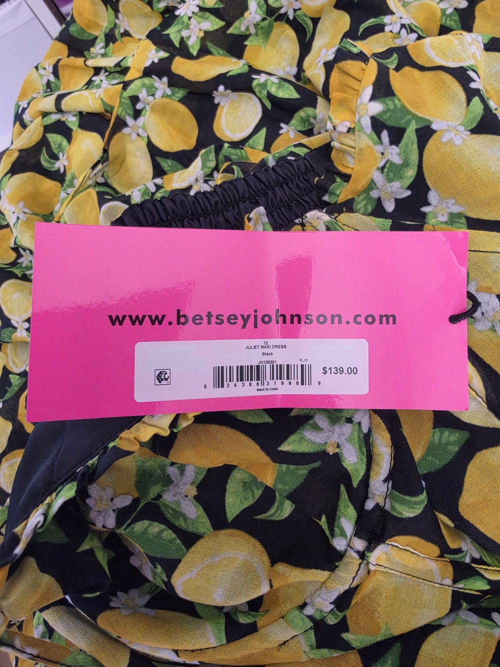 Betsey Johnson Black & Yellow Lemon-Print Tiered Maxi Dress Size 12 NWT - Picture 5 of 8